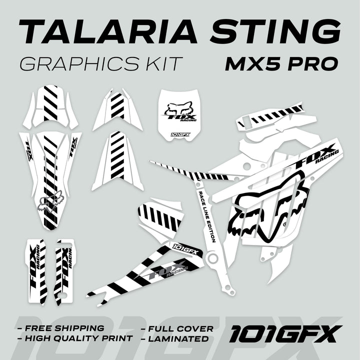 Talaria Sting MX5 PRO Graphics Kit, FOX RACELINE design, includes full-cover decals for bike parts, featuring black-and-white stripes with Fox Racing and 101GFX logos.