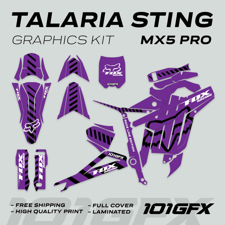 Talaria Sting MX5 PRO Graphics Kit with FOX RACELINE branding, showcasing purple/black decals for motocross bikes, includes fender and shroud pieces, emphasizing style and durability.