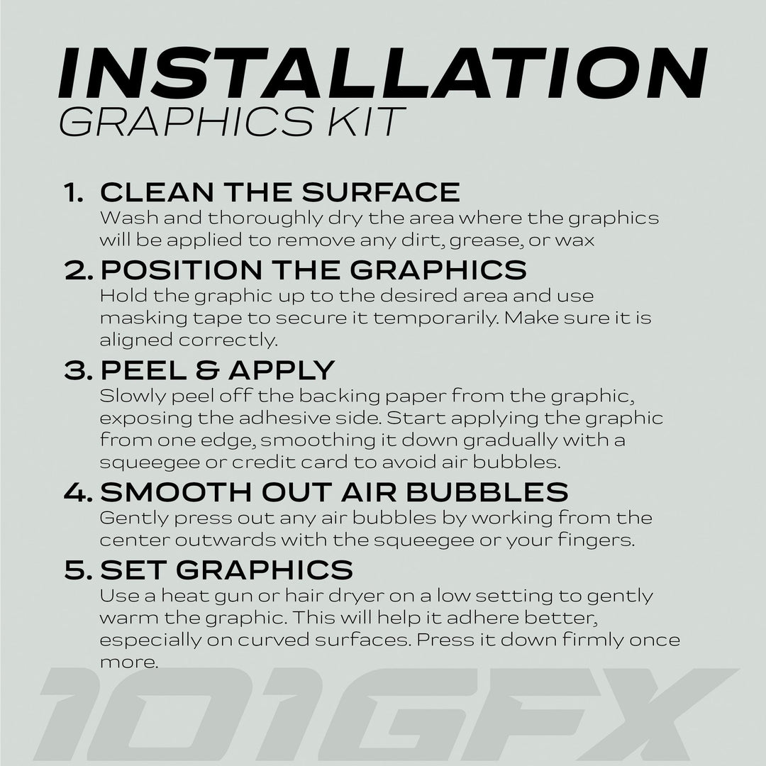 Instructional poster for Talaria Sting MX5 PRO Graphics Kit FOX RACELINE decals, detailing five steps for adhesive application on vehicles, emphasizing smooth, bubble-free installation.