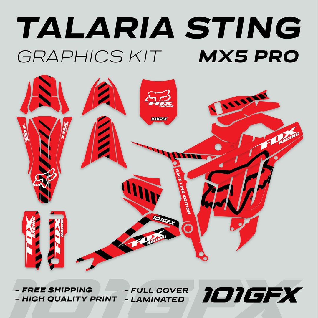 Talaria Sting MX5 PRO Graphics Kit FOX RACELINE, featuring full-body red and black decals with Fox Racing logos, high-quality print, and free shipping.