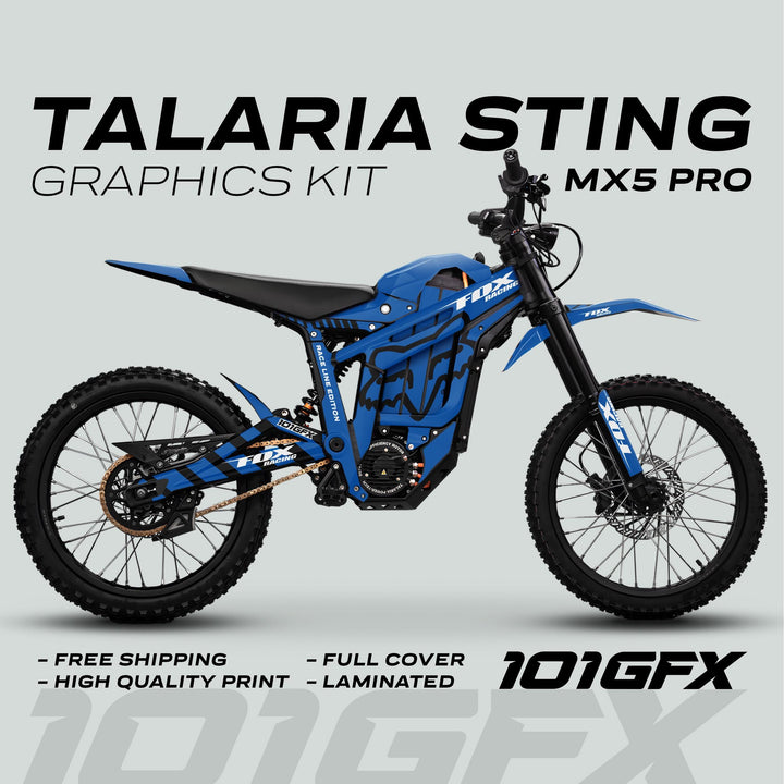 Talaria Sting MX5 PRO Graphics Kit FOX RACELINE Blue Black Decals on electric bike, highlighting full coverage, high quality, laminated finish, with 101GFX branding.