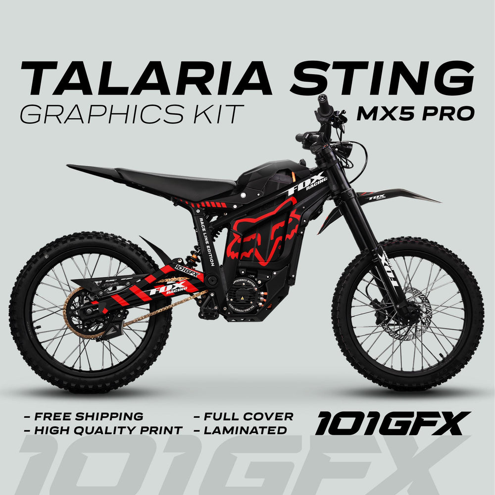 Talaria Sting MX5 PRO Graphics Kit featuring FOX RACELINE black-and-red decals, highlighted with free shipping, full coverage, and high-quality, laminated design by 101GFX.