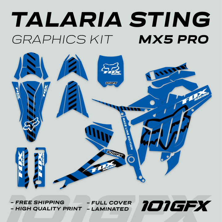 Talaria Sting MX5 PRO Graphics Kit FOX RACELINE decals, featuring blue-and-black designs with Fox Racing logos, full coverage, laminated finish, and easy application.