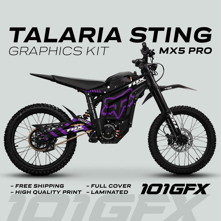 Talaria Sting MX5 PRO Graphics Kit features FOX RACELINE black and purple decals, offering high-quality, full-coverage styling and durability, with free worldwide shipping.
