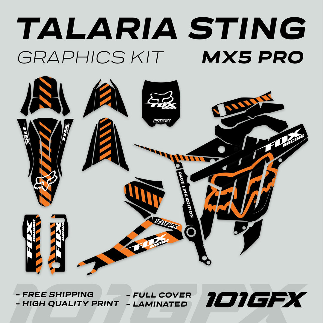 Talaria Sting MX5 PRO Graphics Kit FOX RACELINE Black Orange Decals with full coverage, laminated for durability, and quick application, featuring the 101GFX logo.