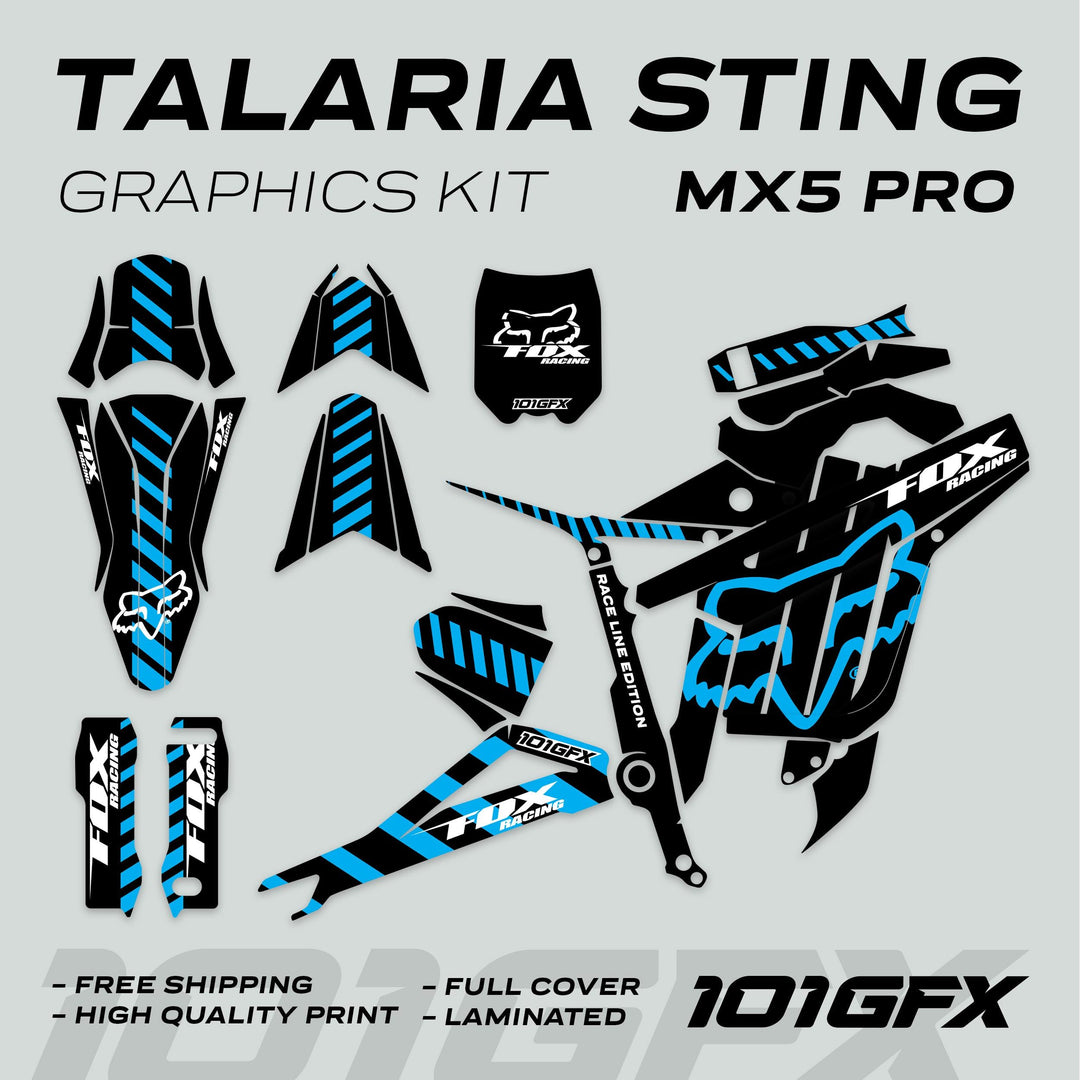 Talaria Sting MX5 PRO Graphics Kit features black and electric-blue FOX RACELINE decals, including fender tops, side shrouds, and swing-arm panels.
