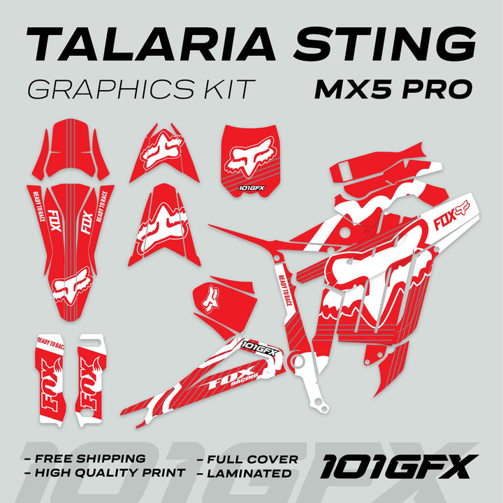 Talaria Sting MX5 PRO Graphics Kit FOX STRIPES Red White Decals, featuring full-cover adhesive decals for bike panels, showcasing Fox logos and racing accents.