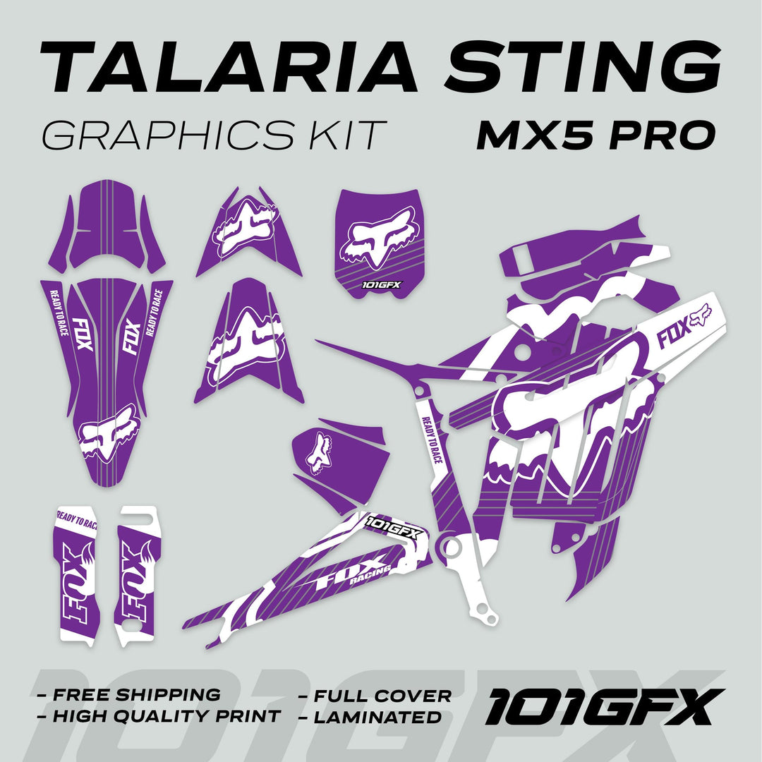 Talaria Sting MX5 PRO Graphics Kit FOX STRIPES Purple White Decals showcases die-cut pieces with Fox Racing logos and Ready to Race branding, highlighting high-quality, full-cover design.
