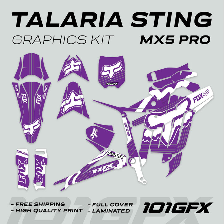 Talaria Sting MX5 PRO Graphics Kit FOX STRIPES Purple White Decals showcases die-cut pieces with Fox Racing logos and Ready to Race branding, highlighting high-quality, full-cover design.