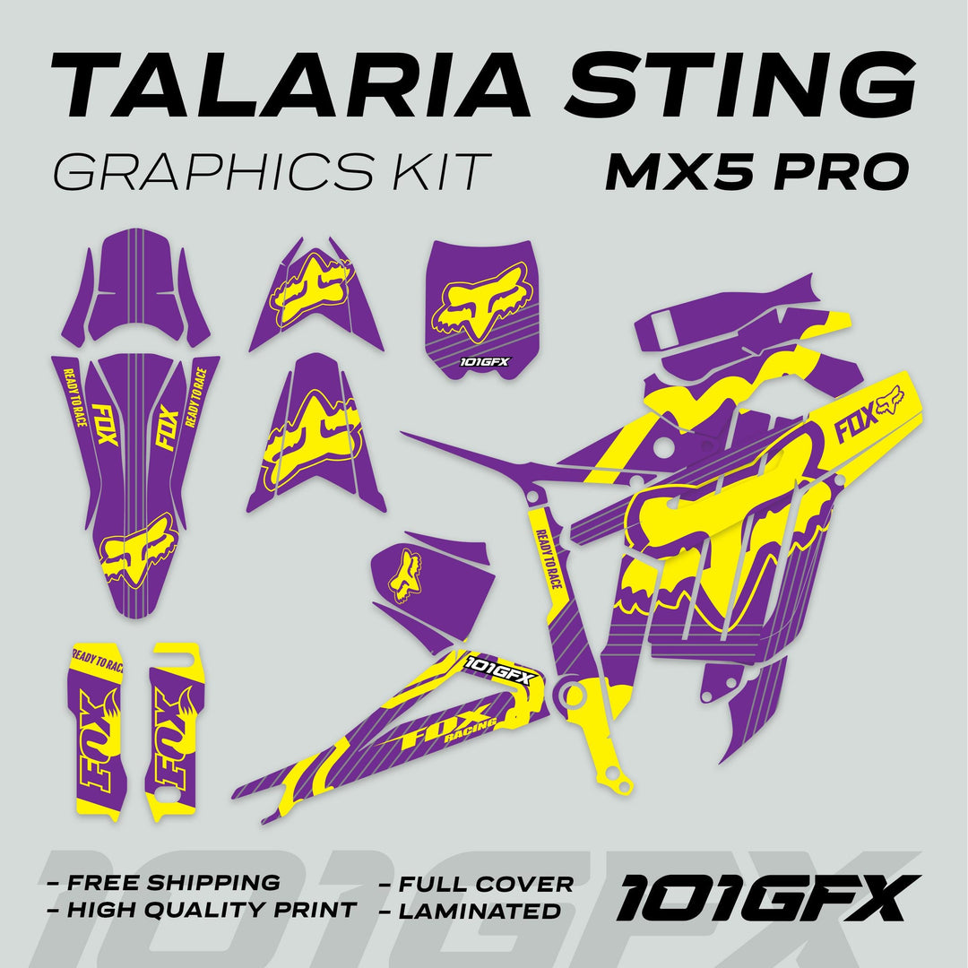 Talaria Sting MX5 PRO Graphics Kit FOX STRIPES Purple Yellow Decals displayed, featuring full coverage pieces like fenders and shrouds, emphasizing high-quality, laminated durability for easy application.