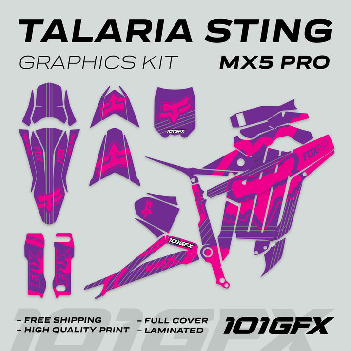 Talaria Sting MX5 PRO Graphics Kit with FOX STRIPES design, showcasing purple magenta decals for full vehicle coverage, emphasizing high quality and easy application.