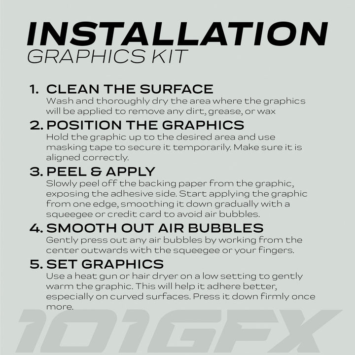 Guide poster for applying Talaria Sting MX5 PRO Graphics Kit FOX STRIPES Purple Magenta Decals, detailing steps for surface cleaning, positioning, peeling, smoothing, and setting graphics.
