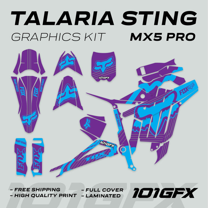 Talaria Sting MX5 PRO Graphics Kit FOX STRIPES features purple and cyan decals with Fox Racing logos, including fenders and shrouds, offering a durable, stylish upgrade.