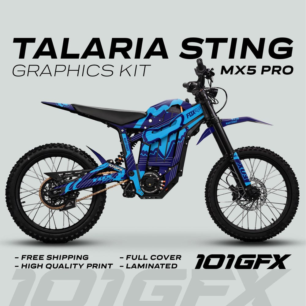 Talaria Sting MX5 PRO Graphics Kit FOX STRIPES, showcasing a blue-and-black full-cover laminated design on bike, with features like free shipping and high-quality print.