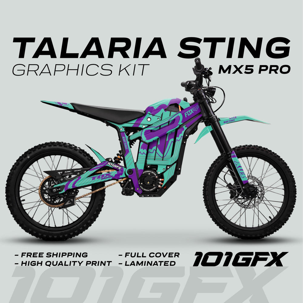 Talaria Sting MX5 PRO Graphics Kit FOX STRIPES Mint Purple Decals on electric bike, featuring full coverage, high-quality print, laminated finish, and free shipping. 101GFX logo present.