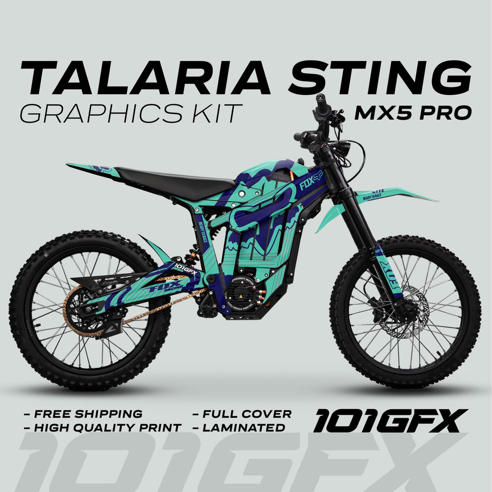 Talaria Sting MX5 PRO Graphics Kit FOX STRIPES on electric bike; features teal-purple wrap, full coverage, and durable, easy-apply design. Includes free shipping and high-quality print.