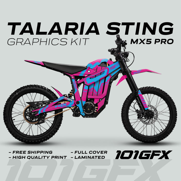 Talaria Sting MX5 PRO Graphics Kit featuring FOX STRIPES Magenta Cyan Decals on an electric off-road bike, showcasing bold design and high-quality print elements.