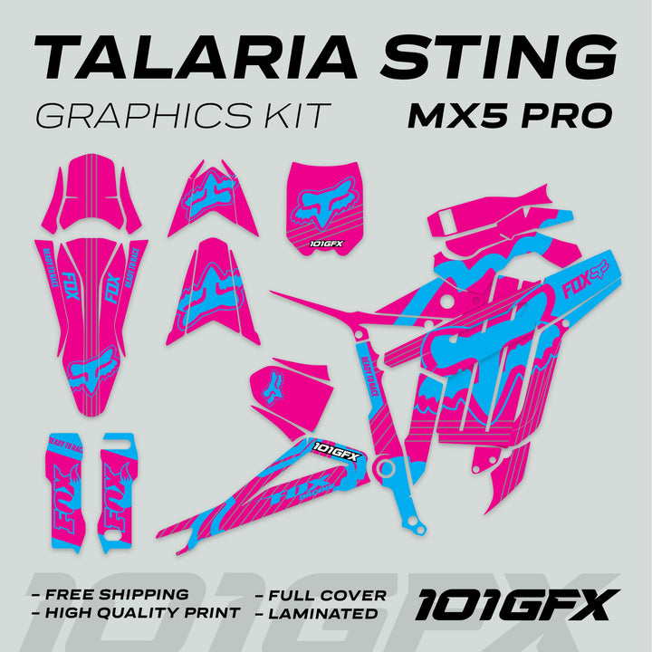Talaria Sting MX5 PRO Graphics Kit FOX STRIPES features full-cover magenta cyan decals with Fox branding, offering high-quality, laminated designs for easy, stylish bike customization.