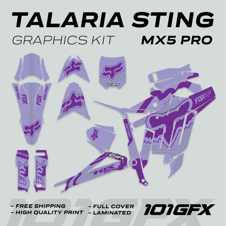 Talaria Sting MX5 PRO Graphics Kit FOX STRIPES Duo Purple Decals with FOX logo and 101GFX branding, showcasing complete bike coverage and durability features.