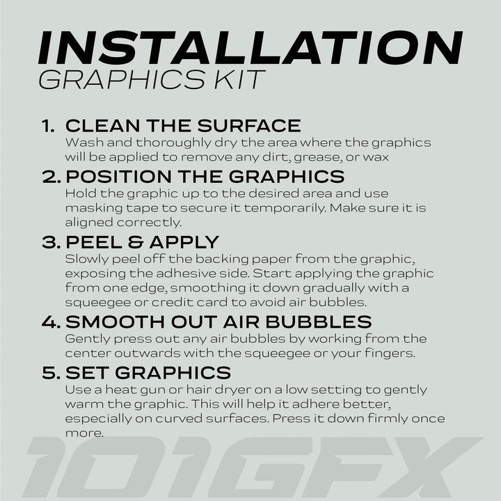 Instruction sheet for Talaria Sting MX5 PRO Graphics Kit FOX STRIPES, detailing five steps for applying adhesive decals to surfaces, ensuring a smooth installation process.