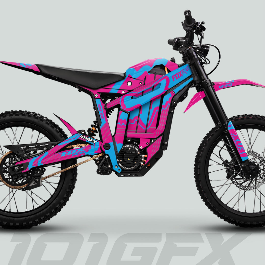 Talaria Sting MX5 PRO Graphics Kit FOX STRIPES adorns electric dirt-bike with bold decals, enhancing style with durable, full coverage design.