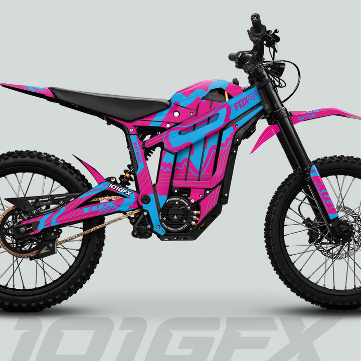 Talaria Sting MX5 PRO Graphics Kit FOX STRIPES adorns electric dirt-bike with bold decals, enhancing style with durable, full coverage design.
