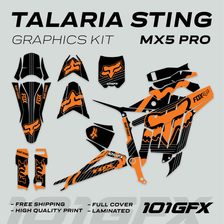 Talaria Sting MX5 PRO Graphics Kit FOX STRIPES Black Orange Decals mock-up, showcasing full-coverage panels with FOX Racing design, highlights free shipping and high-quality print.