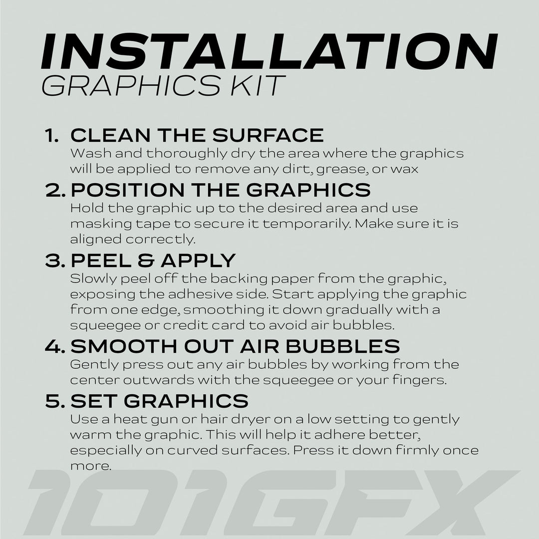 Talaria Sting MX5 PRO Graphics Kit FOX STRIPES installation guide detailing five steps for applying decals, ensuring a stylish, durable vehicle transformation.