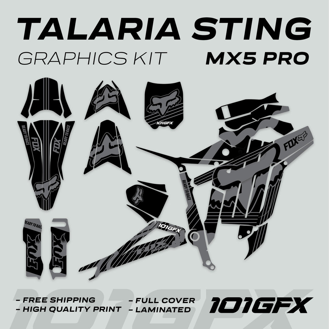 Talaria Sting MX5 PRO Graphics Kit FOX STRIPES showcases vinyl decals including number-plate, shroud, and swingarm graphics with features like free shipping and high-quality print.
