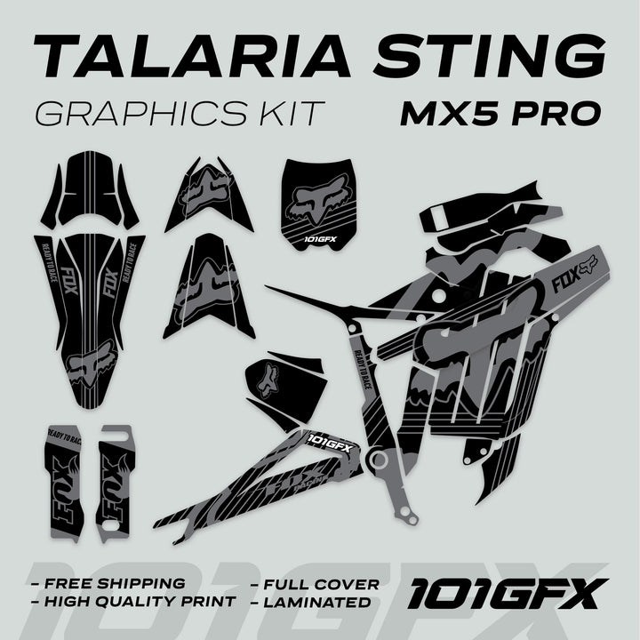 Talaria Sting MX5 PRO Graphics Kit FOX STRIPES showcases vinyl decals including number-plate, shroud, and swingarm graphics with features like free shipping and high-quality print.