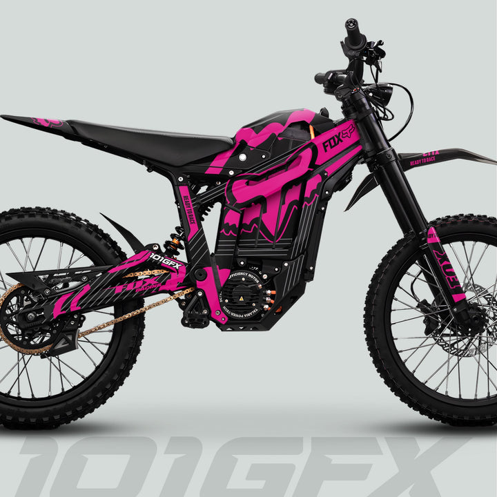 Side-view of Talaria Sting MX5 PRO Graphics Kit FOX STRIPES, featuring Fox Racing livery, knobby tires, and bold 101GFX and Ready to Race branding.