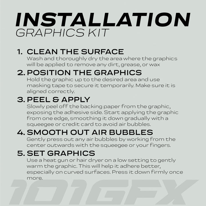Instructional poster for installing the Talaria Sting MX5 PRO Graphics Kit FOX STRIPES Black Grey Decals. Highlights five-step application process for adhesive graphics.