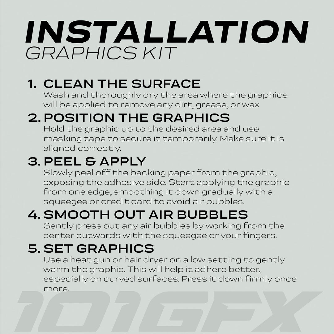 Talaria Sting MX5 PRO Graphics Kit instruction sheet detailing five application steps for FOX STRIPES Black Green Decals, enhancing vehicle style and durability.