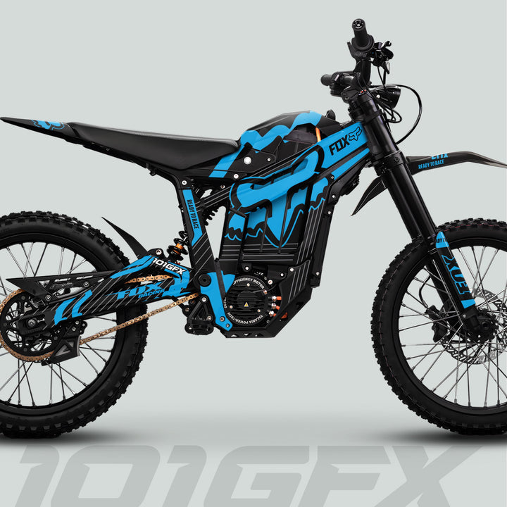 Talaria Sting MX5 PRO Graphics Kit FOX STRIPES Black Cyan Decals on electric off-road motorcycle, showcasing intricate design with durable materials for a stylish, transformative look.