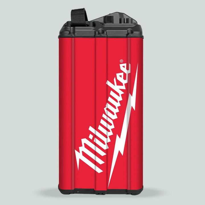 Milwaukee red-and-black rechargeable battery pack, designed for cordless jobsite tools, featuring Surron Light Bee X Battery Stickers for enhanced protection and style.