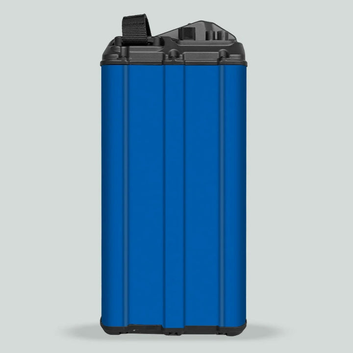 Surron Light Bee X Battery Stickers SOLID Blue on a blue metal battery pack with a black top, enhancing style and protection for e-bikes.