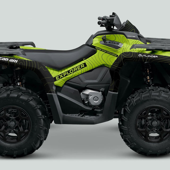 Can-Am Outlander with G2 EXPLORER graphics kit in green and black, bold EXPLORER lettering along the body.