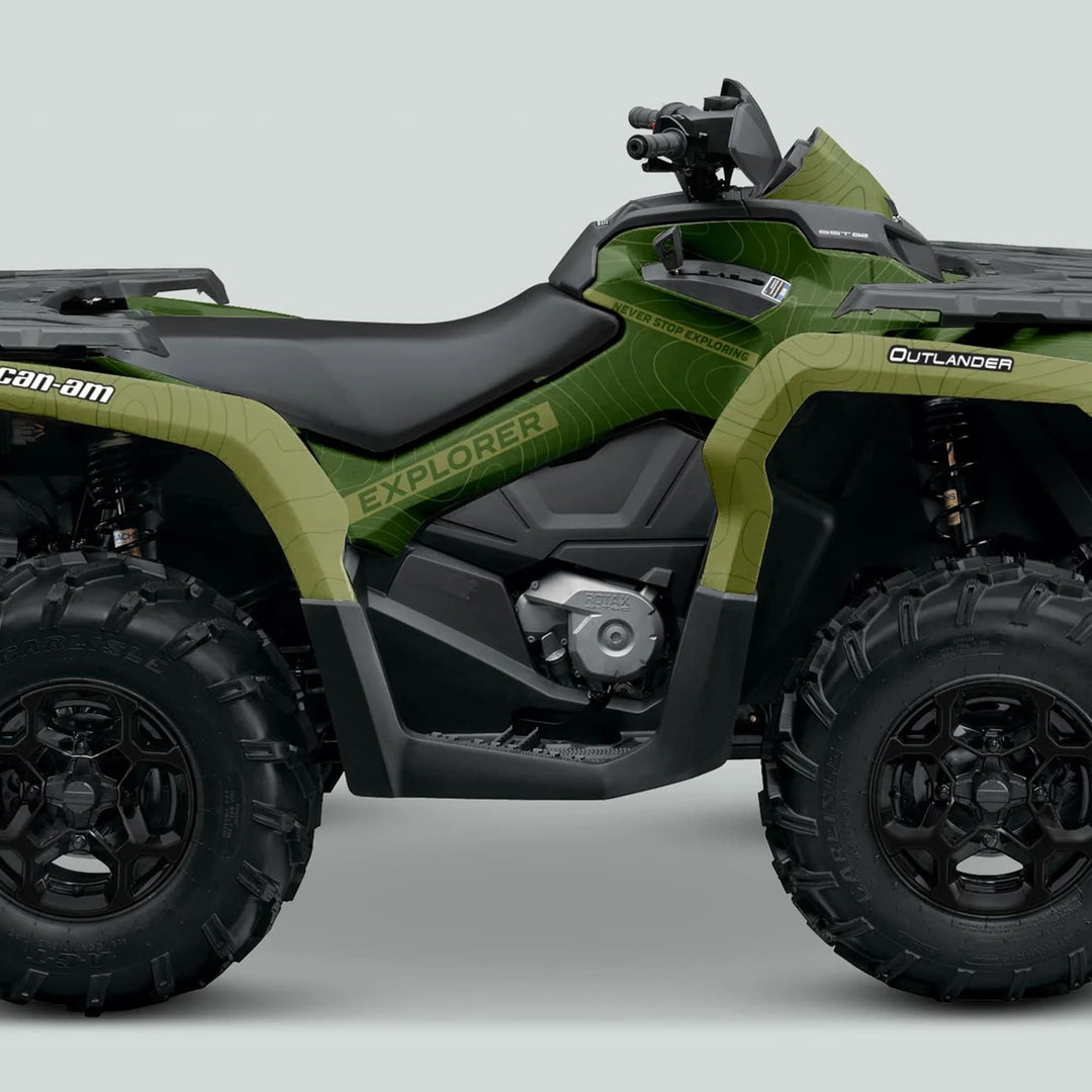 Side-view of a Can-Am OUTLANDER G2 Graphics Kit EXPLORER Moss Olive on an ATV, enhancing aesthetics and protection with custom-fit, durable vinyl decals.