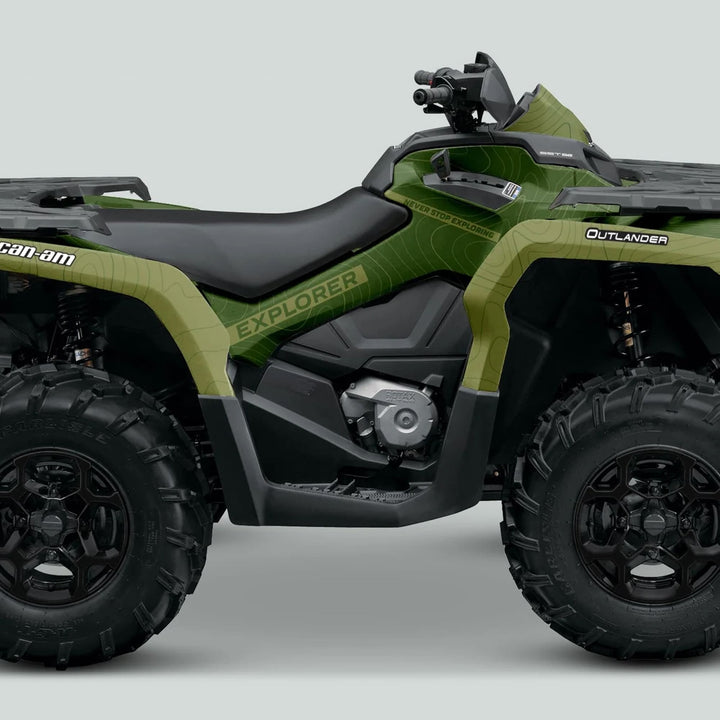 Side-view of a Can-Am OUTLANDER G2 Graphics Kit EXPLORER Moss Olive on an ATV, enhancing aesthetics and protection with custom-fit, durable vinyl decals.