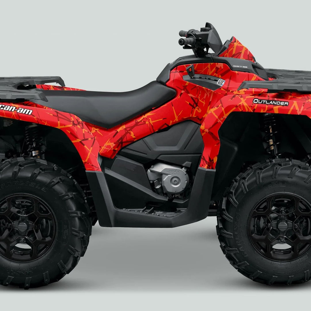 Can-Am OUTLANDER G2 Graphics Kit SCRATCHY RED on a red Can-Am Outlander ATV with black saddle, chunky tires, and handlebars, enhancing style and protection.