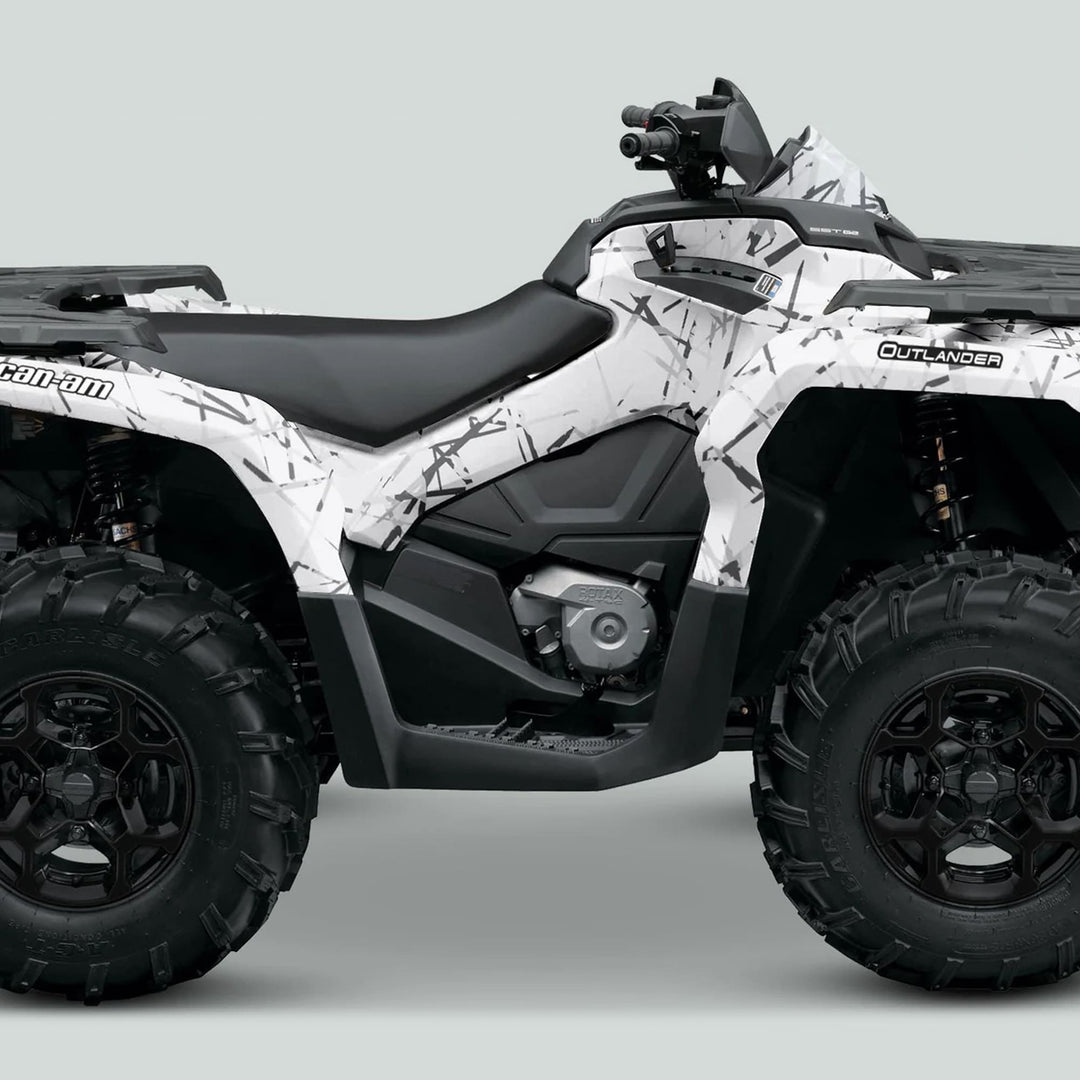 Can-Am OUTLANDER G2 Graphics Kit SCRATCHY WINTER on an ATV, showcasing off-road tires and handlebar controls, enhancing style and durability with weather-resistant decals.