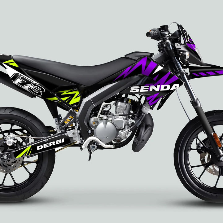 Derbi Senda Graphics Kit X-Treme 2011-2017 LIGHTNING PURPLE GREEN on a supermoto dirt bike, highlighting bold graphic accents and durable design features.