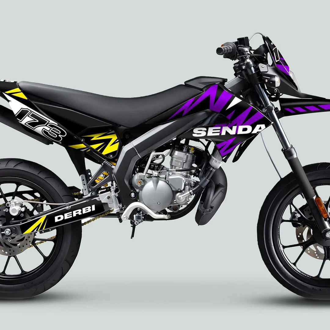 Derbi Senda Graphics Kit X-Treme 2011-2017 in Lightning Purple Yellow, right-side view, featuring bold black, purple, and yellow graphics on motorcycle plastics and frame.
