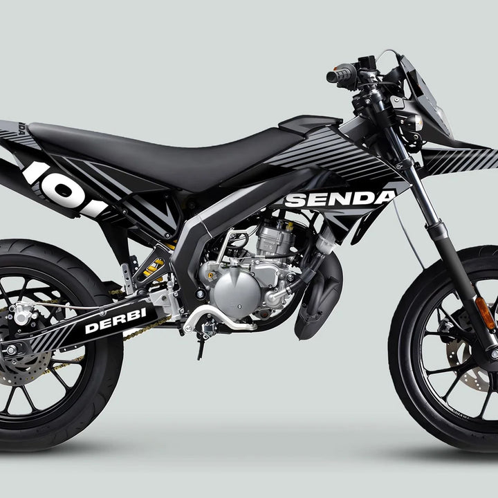 Derbi Senda Graphics Kit X-Treme 2011-2017 LINE SPACE Black Grey on displayed motorcycle, showcasing slim design, exposed engine, and sport wheels.
