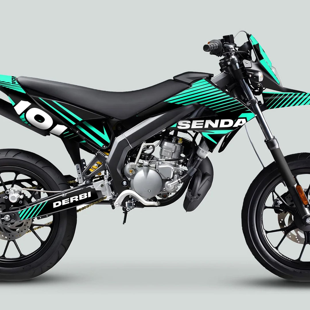 Derbi Senda Graphics Kit X-Treme 2011-2017 LINE SPACE Black Mint displayed on a black motorcycle, featuring teal-green striping and SENDA branding for a sleek, protective upgrade.