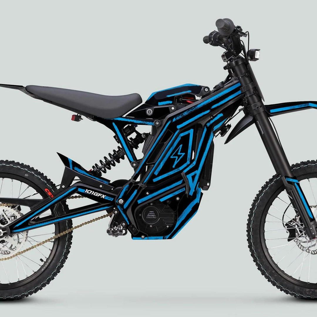 Side profile of a black-and-blue electric dirt bike featuring the E Ride Pro SS Graphics Kit BRUSH Black Cyan with durable vinyl decals on the body.