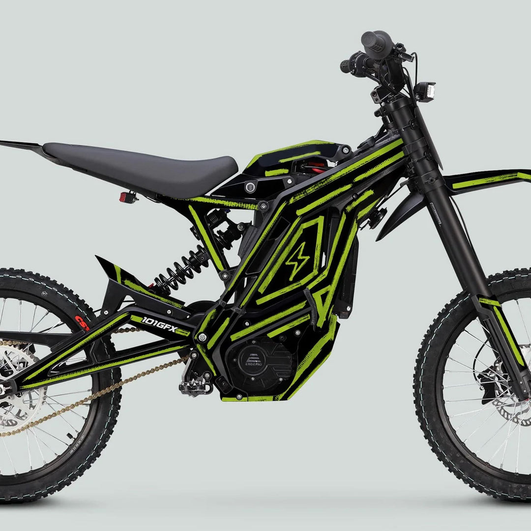 E Ride Pro SS Graphics Kit BRUSH Black Green on electric off-road bike with trellis frame, knobby tires, and suspension, enhancing aesthetics for enthusiasts.
