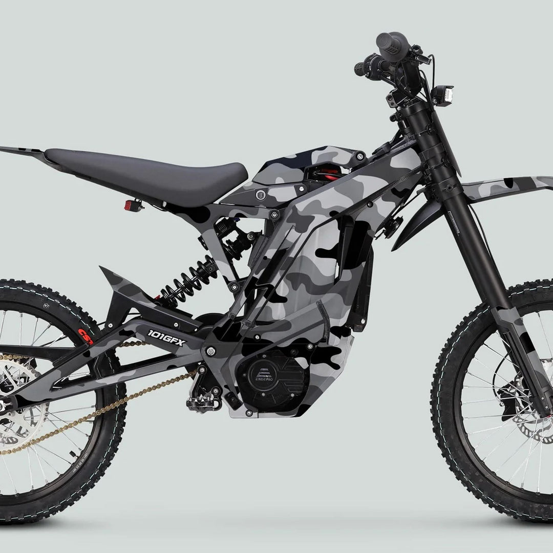 E Ride Pro SS Graphics Kit CAMOUFLAGE SNOW decorates an off-road electric motorcycle with a camouflage pattern, enhancing its style and durability while featuring E-ride Pro branding.