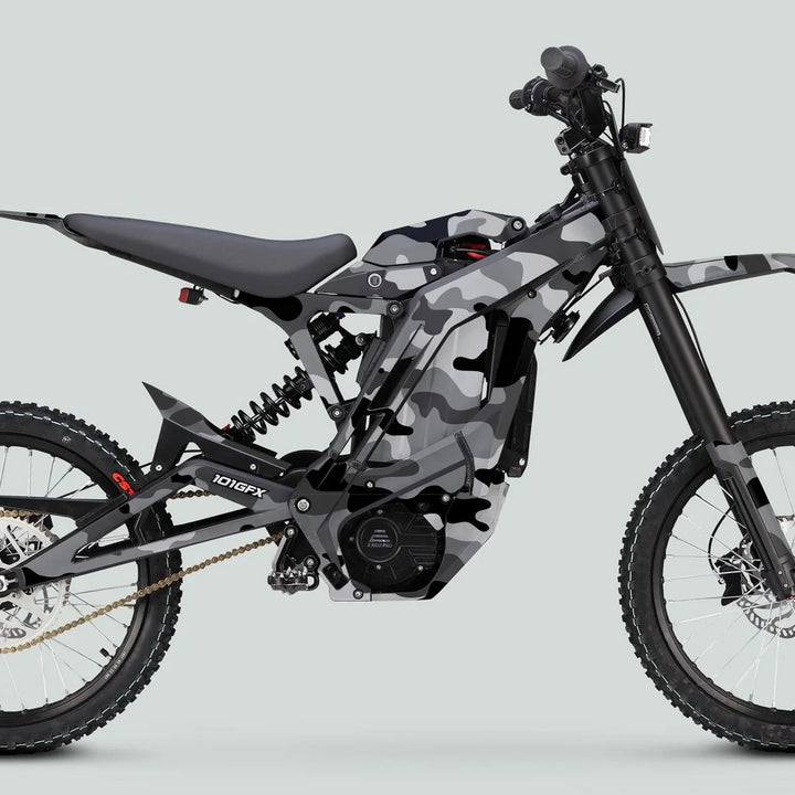 E Ride Pro SS Graphics Kit CAMOUFLAGE SNOW decorates an off-road electric motorcycle with a camouflage pattern, enhancing its style and durability while featuring E-ride Pro branding.