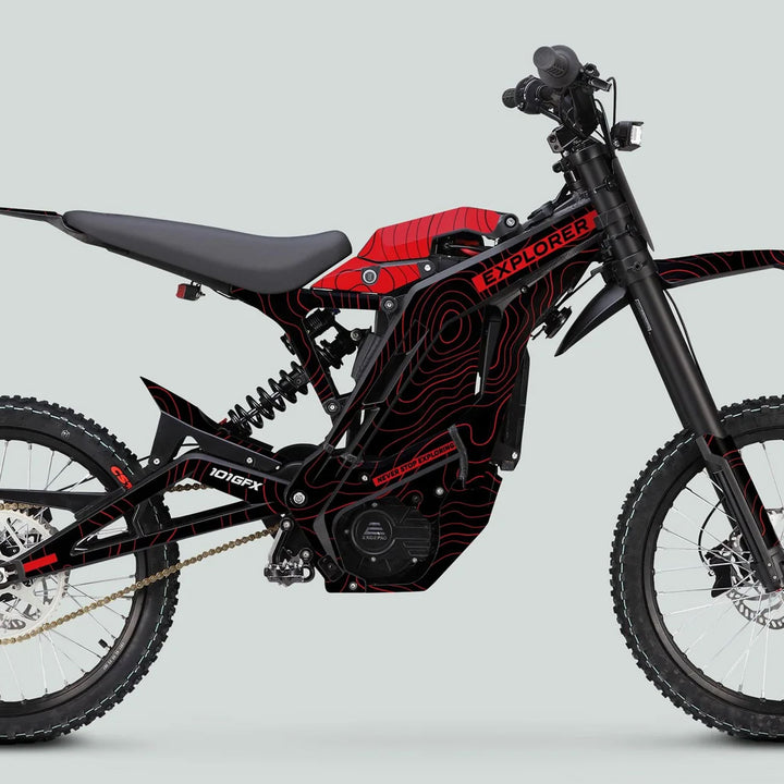 Side-profile of an E Ride Pro SS Graphics Kit EXPLORER Black Red on a black and red e-dirt bike, highlighting its bold design and durable material.